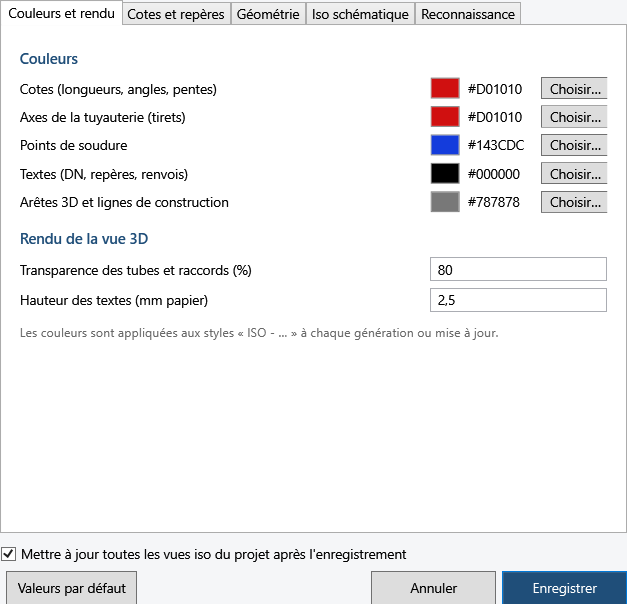 Fenêtre des réglages : couleurs et rendu